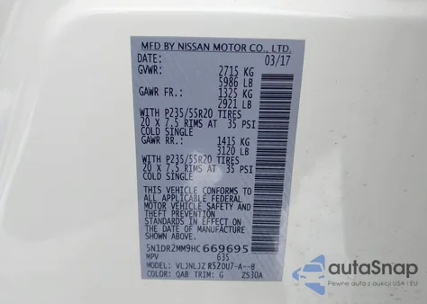 2017 Nissan Pathfinder Platinum z USA, uszkodzony, nr VIN 5N1DR2MM9HC669695